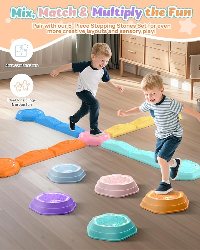 Holyton Music Light Up Balance Beam and Toddler Stepping Stones 13 Pieces, Non-Slip Plastic Balance Stackable Stepping Stones for Kids, Sensory Toys for Toddlers, Indoor or Outdoor Play, Easy Storage