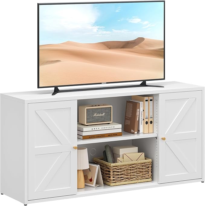 Farmhouse - Style 65 - inch Metal TV Stand: Entertainment Center with Locker, Barn - Style Doors, Adjustable Partition. Medieval Modern Media Console Table for Living Room & Bedroom (White)