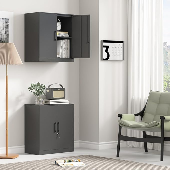 Metal Wall Cabinet,Garage Wall Cabinetwith Handle,Lockable Storage Cabinets Wall Mounted with 2 Doors,Locking Cabinet with Shelves for Basement,Living Home,Black