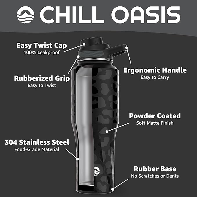 Chill Oasis Water Bottle | Compatible With Popular Flavor Cartridges | BPA Free, Leak Proof, Double-Walled Vacuum Insulated Stainless Steel, and Dishwasher Safe | Cold for 24 Hours (Leopard, 32oz)