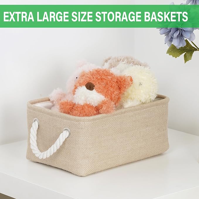 Bidtakay Small Storage Baskets for Shelves 3 Pack Fabric Storage Bins for Organizing Linen Collapsible Organizer for Closet-Flaxen