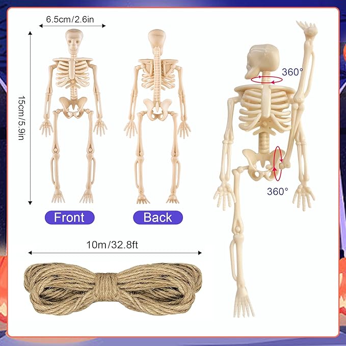 16 Pcs Halloween Mini Skeleton Figurine Decoration,6”Halloween posable Skeleton Decor,Small Plastic Skeleton Figure for Spooky Home Decor Haunted House Decorations Party Favors