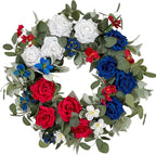 WANNA-CUL Patriotic Wreath Decorations, 24 Inch Rose 4th of July Wreaths for Front Door, Red White Blue Spring Door Wreath for Independence Day, Memorial Day for Indoor Outdoor Decor