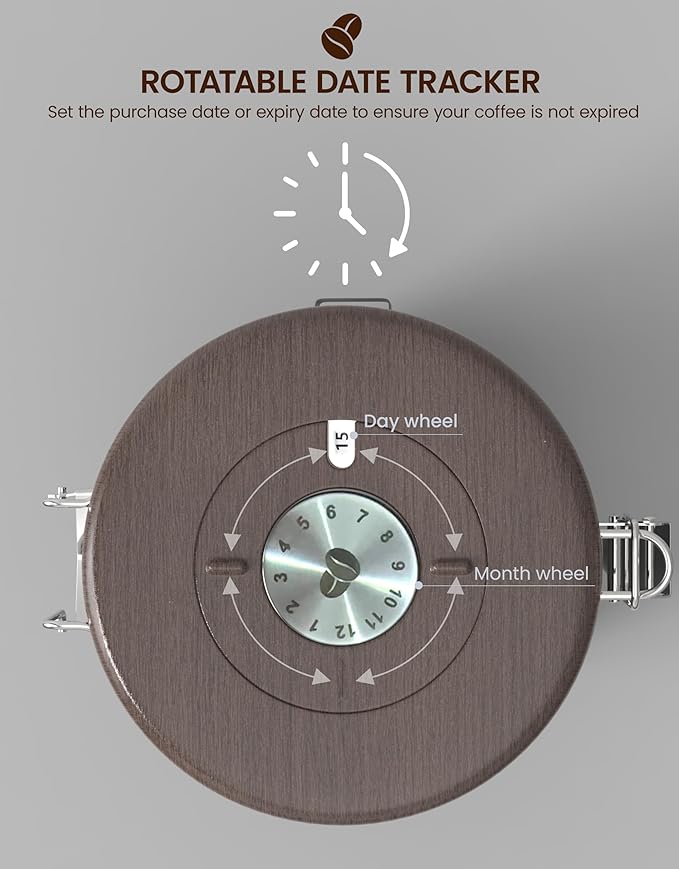 HAIOOU Airtight Coffee Canister Wood Grain [New Version], 22OZ Large Stainless Steel Coffee Bean Storage Container with Date Tracker, Measuring Scoop, CO2 Releasing Valves - Walnut and Gray