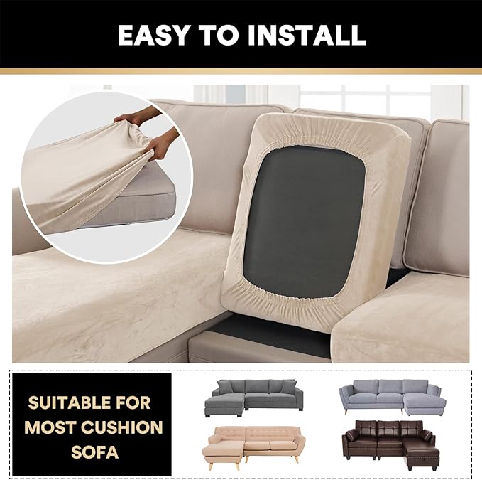 PrinceDeco Sectional Couch Covers 3 Pieces Velvet Sofa Covers L Shape Soft Couch Covers for Sectional Sofa Corner Sofa Cover Couch Cover for Dogs Washable (2 Seater + 1 Chaise,Ivory)