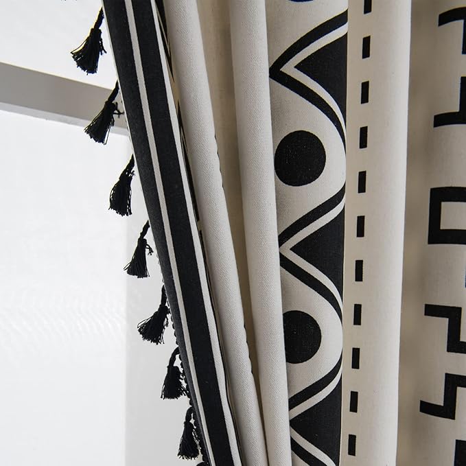 Sutuo Home Black and White Boho Curtain 84 Inches Length for Bedroom, Printed Cotton Linen Geometric Rod Pocket Chic Semi Blackout Bohemian Tassels Window Treatment, 1 Panel 59" W x 84" L