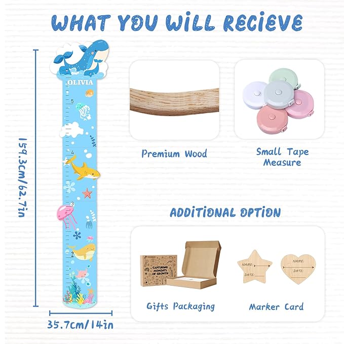Personalized Name Growth Chart, Marine Animals Wooden Growth Chart for Kids, Height Chart for Boys Girls, Measuring Board for Kids Height for Child's Room, Nursery Decor Decoration