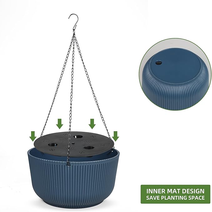 Dexceder 8.75 Inch Self Watering Hanging Planters Indoor Outdoor, Thickened Hanging Basket Flower Plant Pot (2 Pack, Deep Blue)