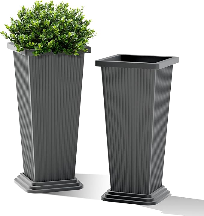 FENCY Set of 2 Tall Planters for Outdoor Plants, 24 Inch Large Tapered Pots with Drainage Trays, Weather-Resistant Plastic Plant Containers for Patio, Porch, Garden, Front Door Decor,Gray,Striped