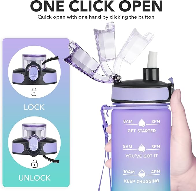 Enerbone Water Bottle, Leakproof BPA & Toxic Free, Motivational Water Bottle with Times to Drink and Straw, Fitness Sports Water Bottle with Strap for Office, Gym, Outdoor Sports