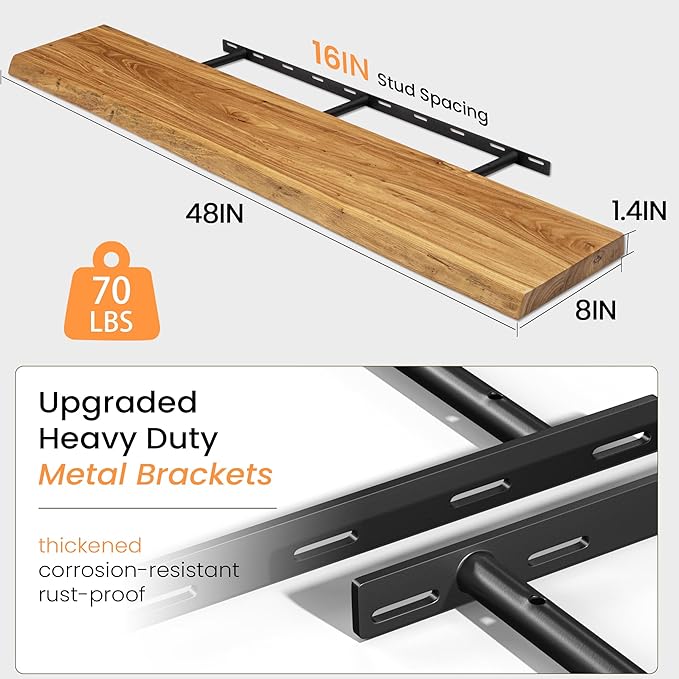 48 Inch Floating Shelves for Wall, Rustic Live Edge Elm Wood Shelf, Heavy-Duty Deep Floating Shelf for Home Decor, Wall Mounted Storage Shelves for Books, Bathroom, and Kitchen, Natural Finish