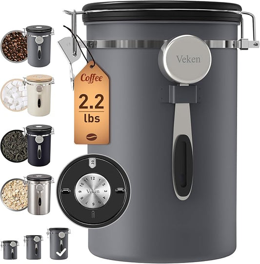 Veken Coffee Canister, 39OZ Large, Airtight Stainless Steel Food Storage Container for 2.2lbs Coffee Beans, Ground, Sugar, Tea, Flour, Rice, Cereal, Cookies Jars, Bar Accessories & Gifts, Gray