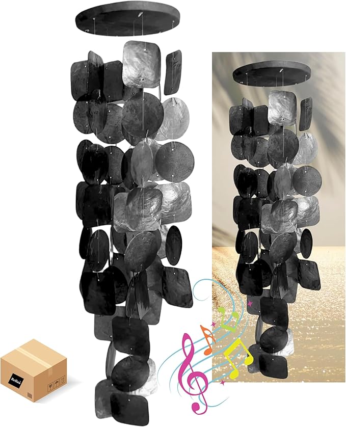Bellaa 24995 Wind Chimes Outdoor, Garden Decorations, Musical, Indoor/Outside Windchimes, Beach, Ocean Breeze, Gifts for Mom, Gift for All Occasions, Capiz Sea Glass Shells Wood 27 inch Black