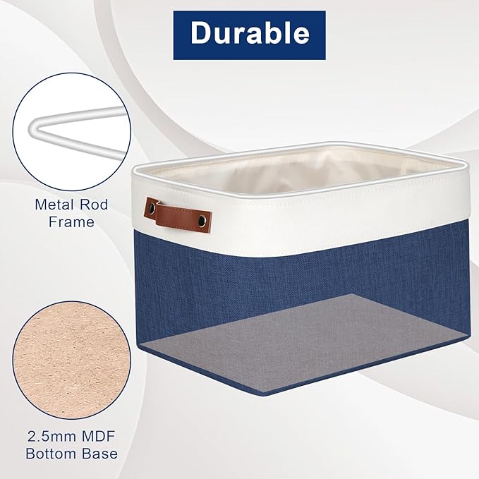 Storage Bins Large Fabric Storage Baskets for Shelves 3 Pack, Decorative Linen Closet Baskets with Handles for Organizing, Shelf, Clothes, Home, Office, 15x11x9.5Inches (NavyBlue&White)