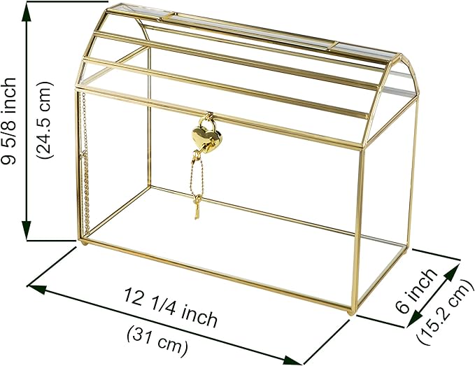 Wedding Card Box with Slot, 12.2'' Large Glass Card Boxes for Reception, Gold Card Holder, Clear Decorative Storage Box with Lock for Baby Shower, Birthday Party, Christmas, Bridal Shower