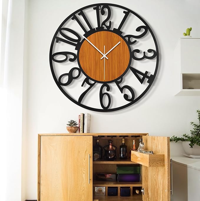 LEIKE 32" Oversized Large Wall Clocks,Silent,Non Ticking,Battery Operated Modern Round Big Wood Decorative Metal Wall Clock for Living Room, Bedroom,Kitchen,Farmhouse,Office Decor - Black,32 Inch
