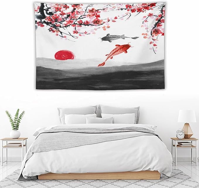 Houselerax Japanese Koi Fish Tapestries, Cherry Blossoms Asian Oriental Flower Branch Koi Fish Carp Tapestry Wall Hanging for Bedroom Living Room Office Decor 90"x60"