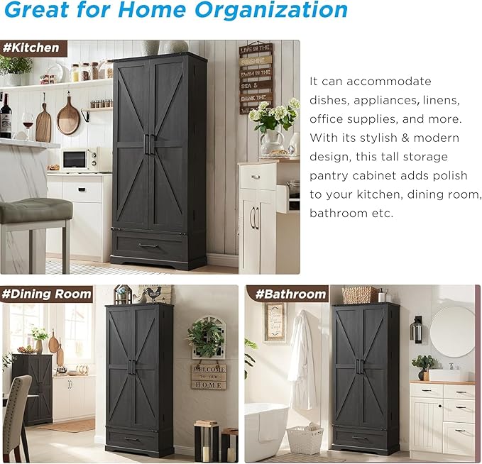 72" Farmhouse Kitchen Pantry Cabinet with Drawer, Tall Storage Cabinet with 2 Barn Doors and Shelves, Versatile Large Rustic Storage for Dining Room, Bathroom, Living Room, Black