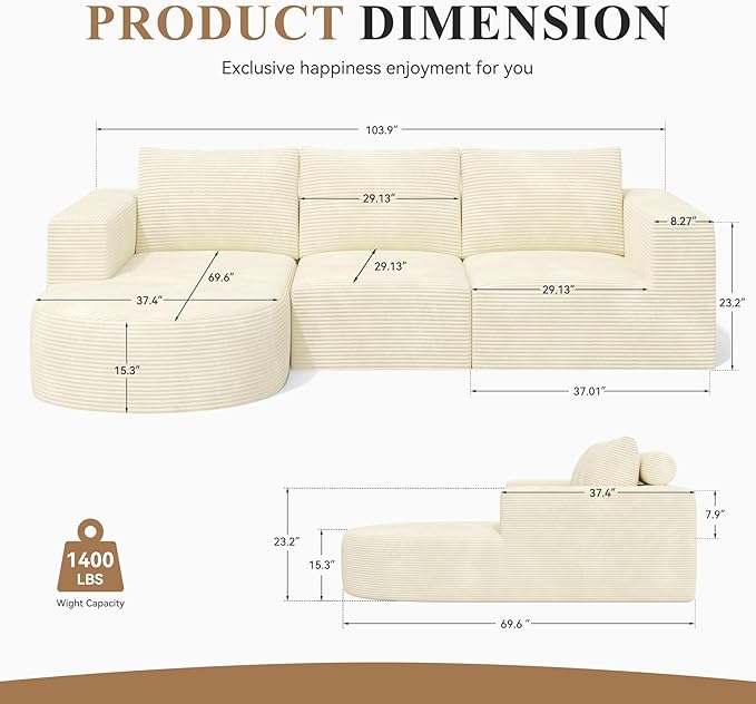 Modular Sectional Sofa with L-Shape Chaise,Cloud Sectional Modern Sleeper Couch with Deep Seat,Sponge Compression Sofas No Assembly Required (Beige-Corduroy Fabric) 1 PCS
