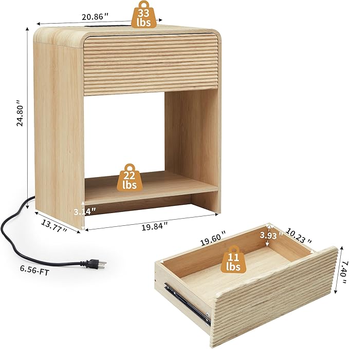 Fluted Nightstand with Charging Station, Mid Century Modern Bed Side Table End Table with Drawer Storage, Large Wooden Night Stands Bedside for Bedroom Living Room Sofa Office, Natural