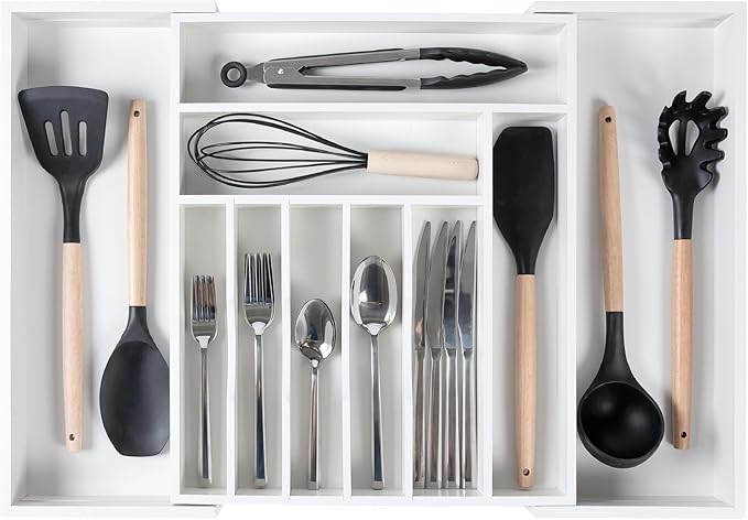 Premium Silverware, Flatware and Utensil Organizer for Kitchen Drawers, Food-Safe Contract Grade, Expandable from 14.5 to 25 In, White Bamboo