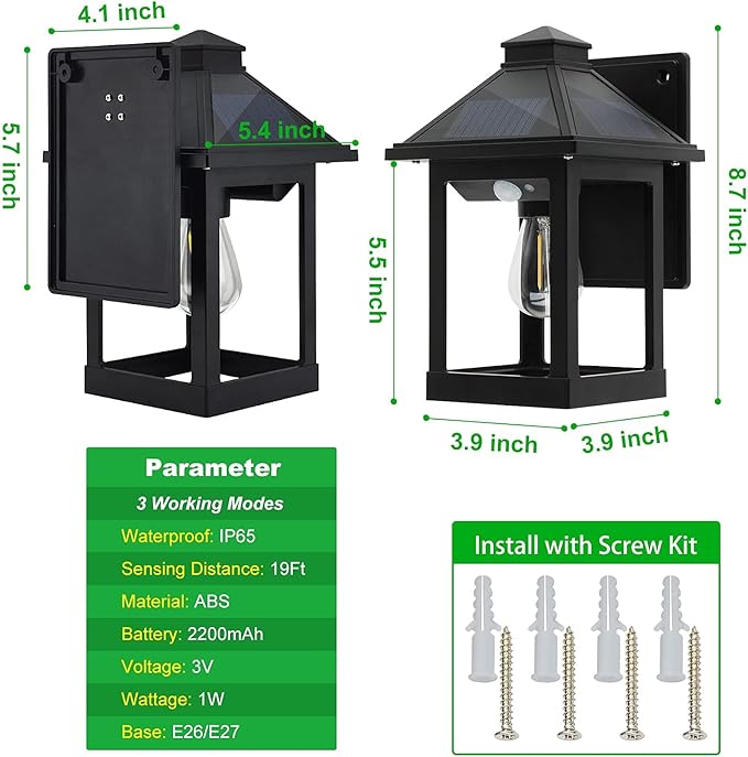 2 Pack Solar Wall Lanterns Outdoor with 3 Modes, Dusk to Dawn Motion Sensor LED Sconce Lights IP65 Waterproof, Exterior Front Porch Security Lamps Wall Mount Patio Fence Garage Decorative