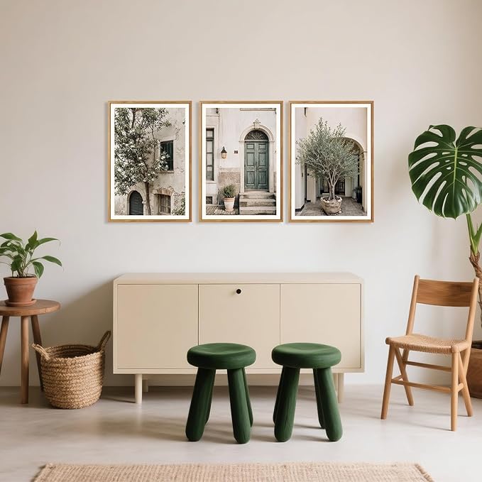 HPNIUB Large Vintage Italy City Landscape Framed Canvas Wall Art Set, Olive Green Tree Country Wall Decor, Modern Minimalist Countryside Villages Picture for Living Room,Bedroom,Office-16 x24 x3