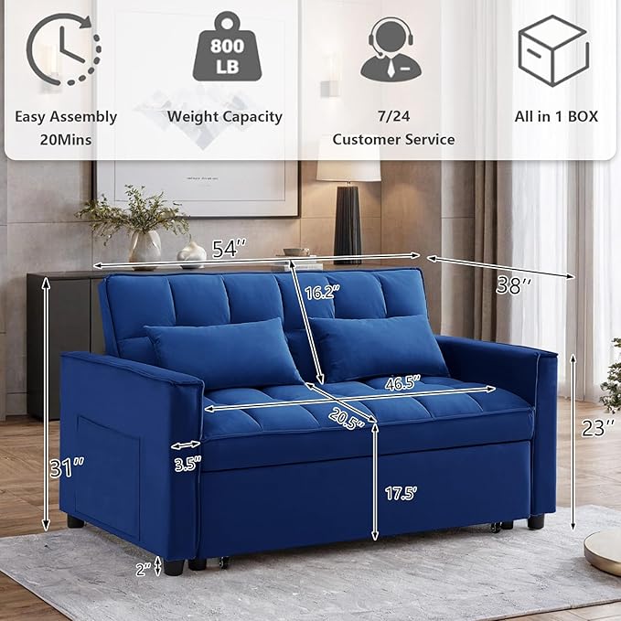 3 in 1 Convertible Sleeper Sofa Bed,Futon Loveseat Couch with Pull-Out Bed & Adjustable Backrest,Velvet Fabric Sofa with Side Pocket for Small Apartment, Living Room, Office (Blue)
