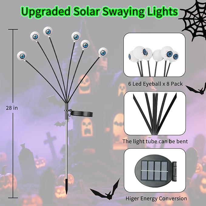 VOTTGO Halloween Solar Lights Outdoor, 8 Pack 48LED Scary Solar Eyeball Pathway Lights, 2 Modes Waterproof Swaying Solar Firefly Lights for Garden Yard Pathway Halloween Decorations, Purple + Orange