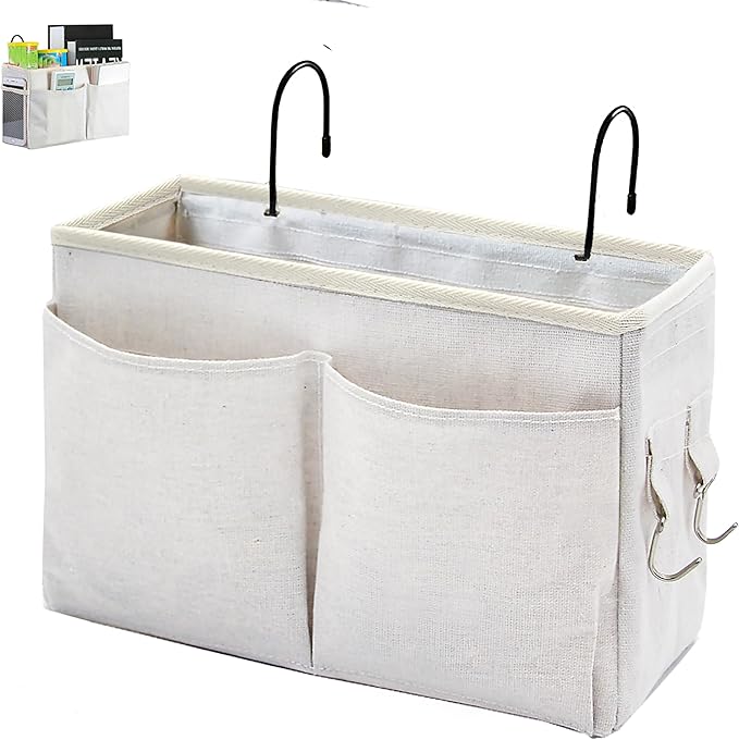 Bedside Caddy Organizer/Bedside Hanging Storage Bag Multi-Function Caddy for Bunk bed Hospital Beds Dorm Bed Rails, Holders Books Glasses Phones Magazine(White)
