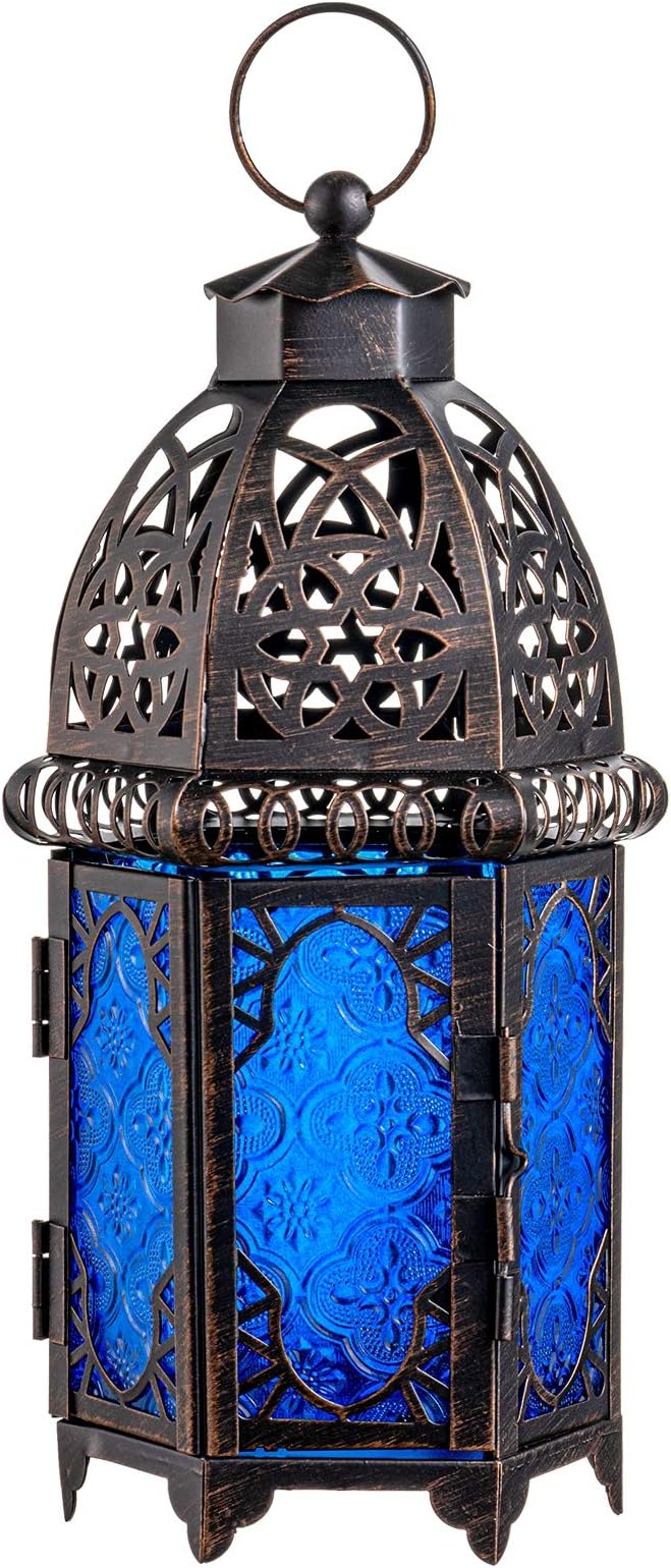 NEEDOMO Hanging Moroccan Lantern, 12.8'' Vintage Candle Holder, Metal Lanterns Decorative Indoor Outdoor, Table, Patio, Porch, Shelf, Gothic Home Decor (Blue, Large Size)