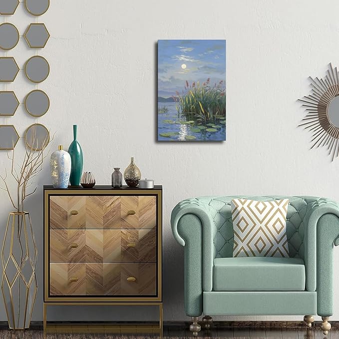 Landscape poster artwork art poster natural landscape painting reed marsh under the moonlight suitable for living room bedroom home wall