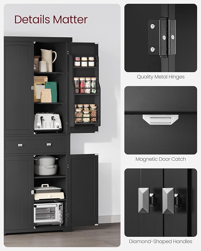 VASAGLE Pantry Cabinet, 71.7-Inch High Freestanding Tall Cupboard Storage Cabinet with a Drawer, 2 Cabinets, 4 Adjustable Shelves, 6 Door Shelves, for Living Room, Kitchen, Ink Black UBBC561B12