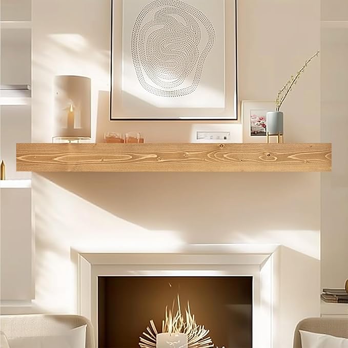 60x8x3 Fireplace Mantel - Handcrafted Hollow Rustic Solid Wood Wall Mounted Floating Shelf with Invisible Heavy Duty Wood Bracket (Natural Wood)