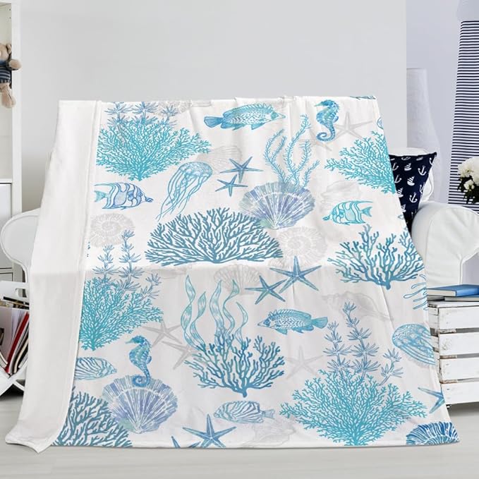 Blue Ocean Beach Throw Blanket Nautical Coastal Bed Blanket Starfish Seashell Coral Blankets Super Soft Flannel Fleece Throw Blanket for Couch Bed Decor “60 x80”