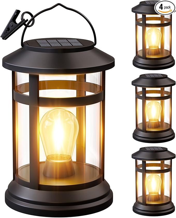 Solar Lanterns Outdoor Waterproof: 4 Pack Hanging Solar Lights for Outside Patio Porch Garden Tabletop Decor - Bright LED Warm White Solar Powered Lighting - 2025 Gardening Lovers Mom Gifts