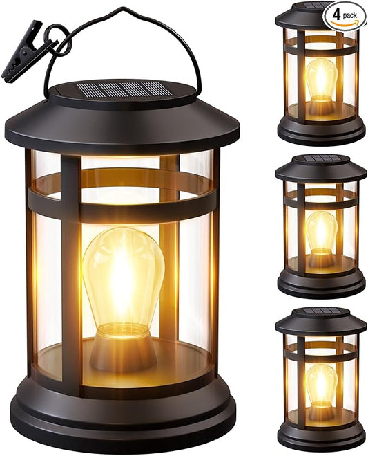 Solar Lanterns Outdoor Waterproof: 4 Pack Hanging Solar Lights for Outside Patio Porch Garden Tabletop Decor - Bright LED Warm White Solar Powered Lighting - 2025 Gardening Lovers Mom Gifts
