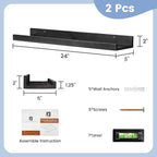 Picture Ledge Shelf for Wall, 24 inch Solid Pine Wood Nursery Book Shelves 2 Packs, Floating Ledge Shelves for Kids' Room Bedroom Bathroom Living Room Photo Frames Office Nursey Wall Decor, Black