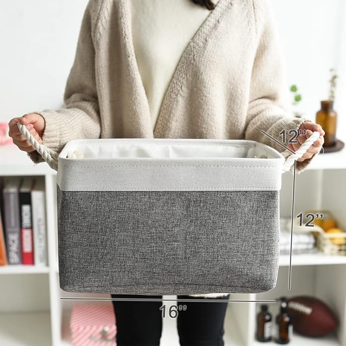 TheWarmHome Organization and Storage Basket for Organizing - 3 Pack 16x12x12 inch Cube Storage Bin Fabric Storage Cubes for Organizer Cloth Gift Toy Closet (White & Grey)
