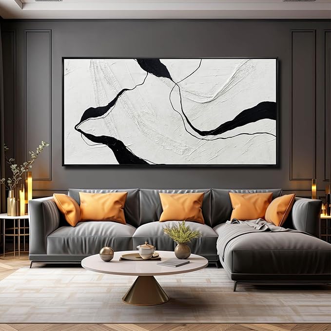 Large Framed Abstract Wall Art 29"x58" Black and White Contemporary Line Canvas Neutral Wall Decor for Modern Living Room Office Bedroom