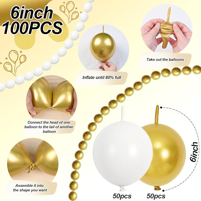 White and Gold Quick Link Balloons, 100PCS 6 Inch Small Baby Pink Linking Balloons for Making Balloon Wall Heart Arch Tails Balloon for Girls Wedding Birthday Baby Shower Engagement Party Decorations