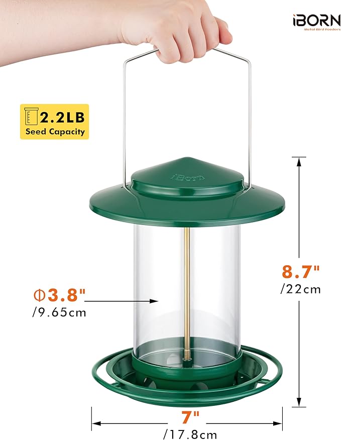 iBorn Metal Bird Feeders for Outdoors Hanging,Wild Bird Feeders for Cardinal,18cm Large Roof&Tray New Green 6 Port (Seed is not Included)