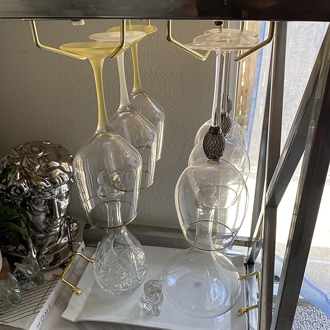10.8 Inch Gold Wine Glass Rack, Under Cabinet Wine Glass Holder, Wine Glass Hangers Under Shelf, Stemware Rack, Hanging Stemware Holder for Cabinet Kitchen Bar, Set of 4