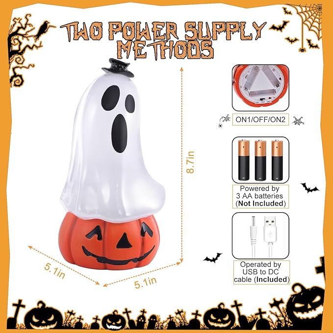Halloween Snow Globe Lantern Spooky Glost and Pumpkin Halloween Snow Globes Musical Water Glitter Globe with 6H Timer Battery Operated or USB Powered for Spooky Home Decorations (Ghost and Pumpkin)