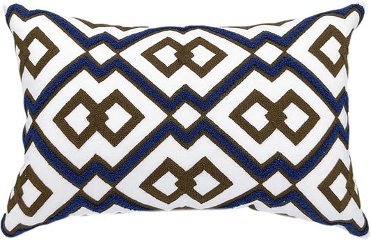 Alysheer Embroidered Lumbar Decorative Throw Pillow Cover 12"x 20", Classic Boho Geometric Embroidery Pattern Cotton Rectangular Cushion Case for Sofa Couch Living Room Bedroom(Blue Brown)