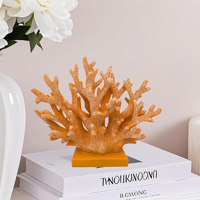 5.8" H Orange Coral Decor - Resin Coral Statue, Nautical Decor for Home, Bedroom, Bathroom, Living Room, Ocean Themed Cabinet Shelf Tabletop Decoration