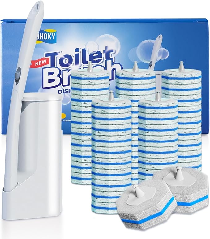Disposable Toilet Brush Cleaning System with 50pcs Refills Pads Replacement Heads, Toilet Cleaning Stick, Wall Mounted Toliet Wand Kit Bathroom Maintenance, Toilet Bowl Cleaner Wands Holder and Set