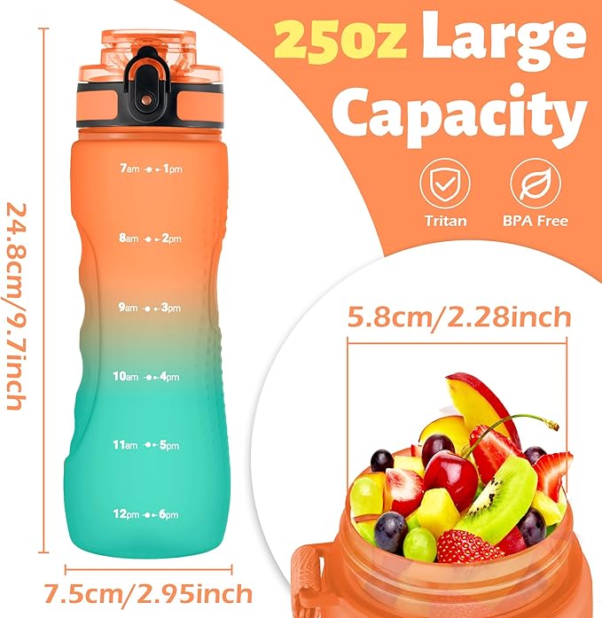 OLDLEY 25 oz Water Bottle, Motivational Water Bottle with Time Marker, Sports Water Bottle With Strap, Leakproof & BPA Free Large Water Bottles for School, Gym, Travel, Outdoor, Tritan,Orange&Green