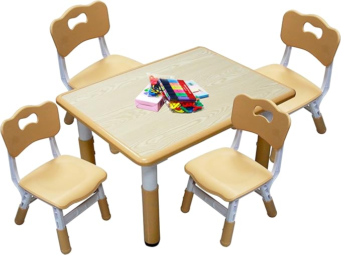 Kids Table and 4 Chairs Set with Graffiti Desktop, Toddler Furniture Set, Non-Slip, Table Children Study Desk, Dining Table, Height Adjustable Desk, Painting Desktop for Kids (31.5x23.6Inch)