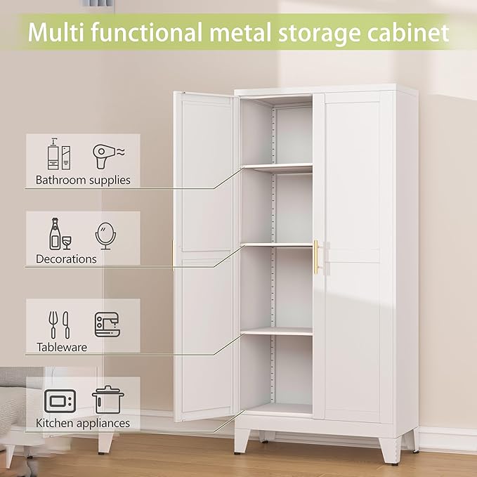Metal Pantry Cabinet, Kitchen Pantry Storage Cabinets with 2 Door and 3 Adjustable Shelves, White Kitchen Pantry Cabinet, Freestanding Cupboard for Dining Room Living Room Bathroom